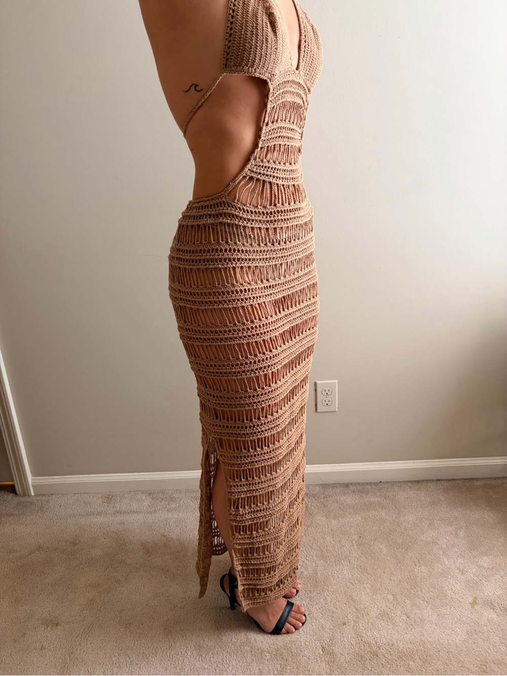 Crochet Maxi Halter Dress in Tan - Picture 2 of 4
